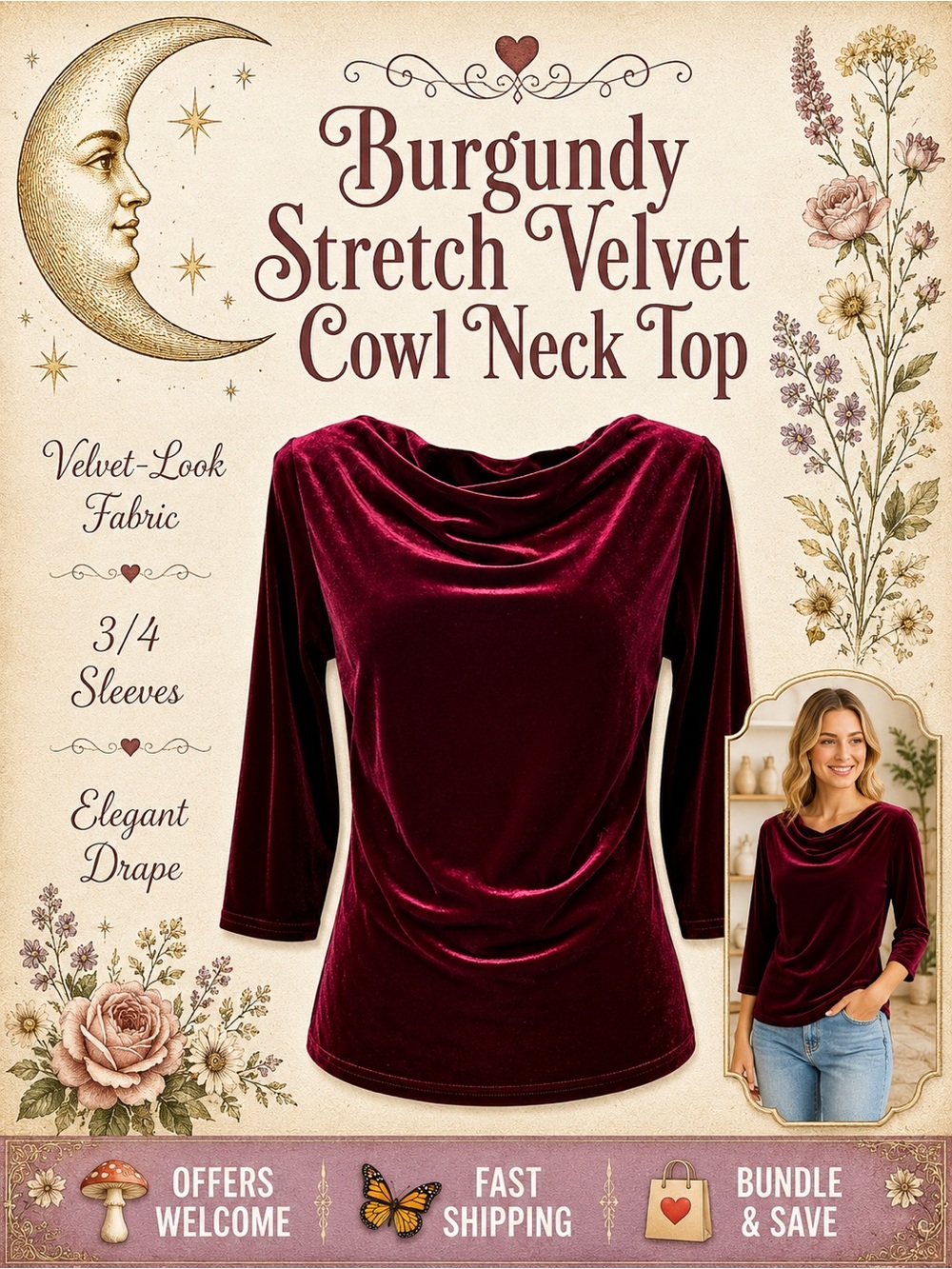Tapemeasure Burgundy Stretch Velvet Top Cowl Neck 3/4 Sleeves Size M